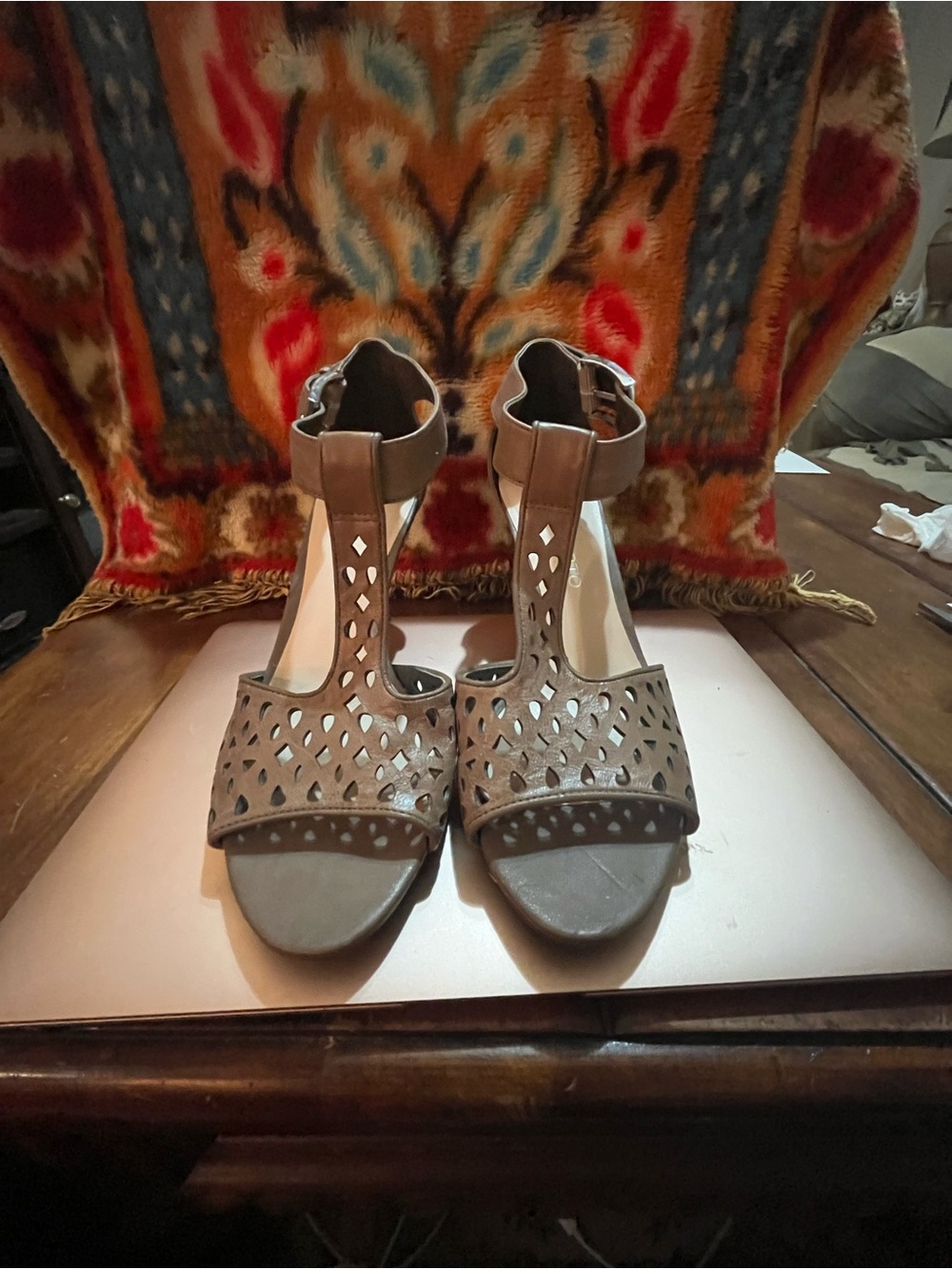 Franco Sarto Polly Taupe Cutout T-Strap Heels